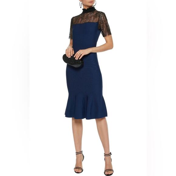 SACHIN & BABI Deena Mock Neck Midi Cocteau Dress Black & Navy Women’s Size Large - Picture 1 of 14